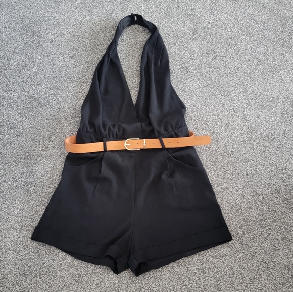 ANGL Black Halter Jumpsuit with Tan Belt - Picture 1 of 4